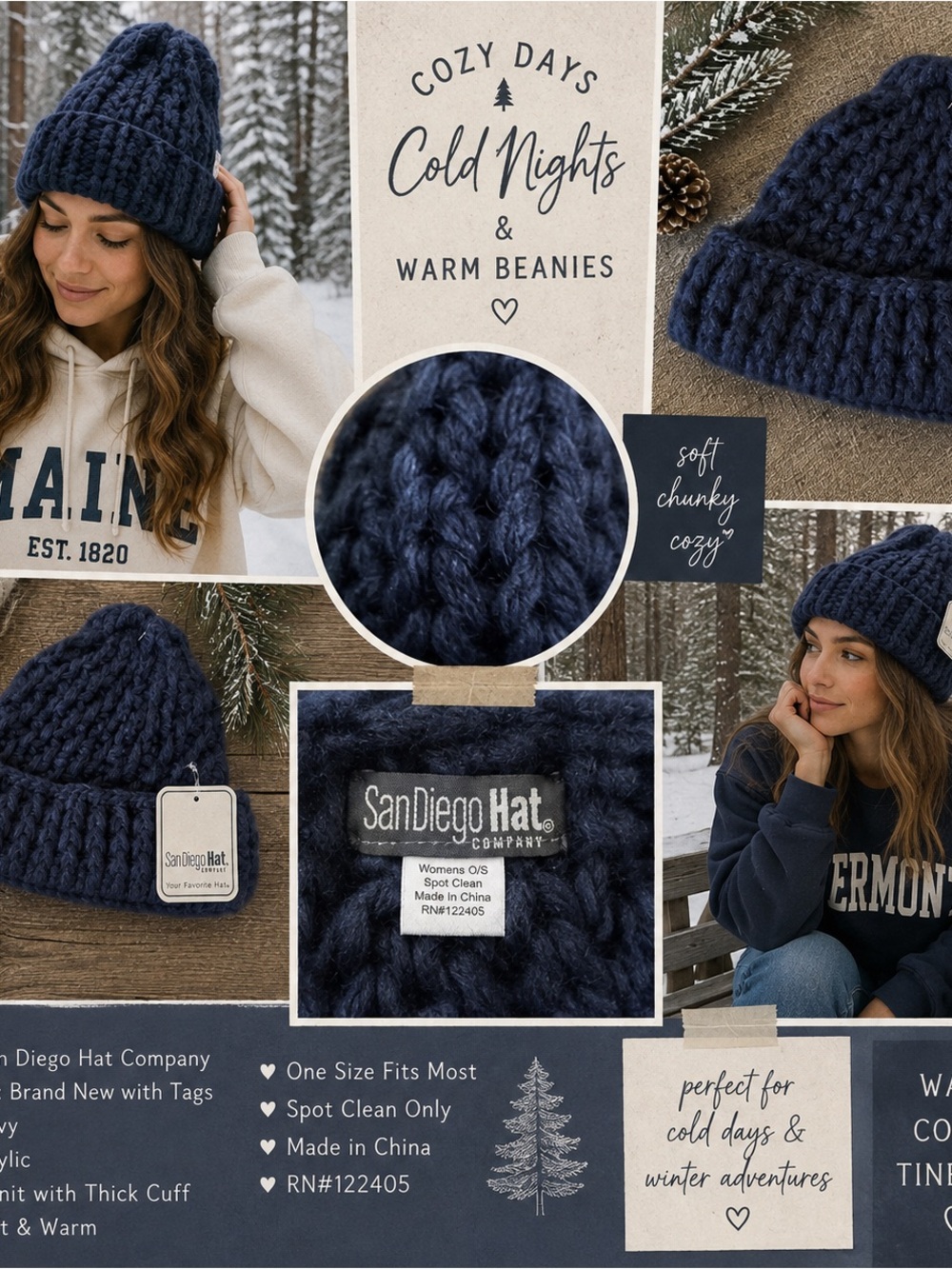 San Diego Hat Company Navy Chunky Knit Beanie NWT One Size